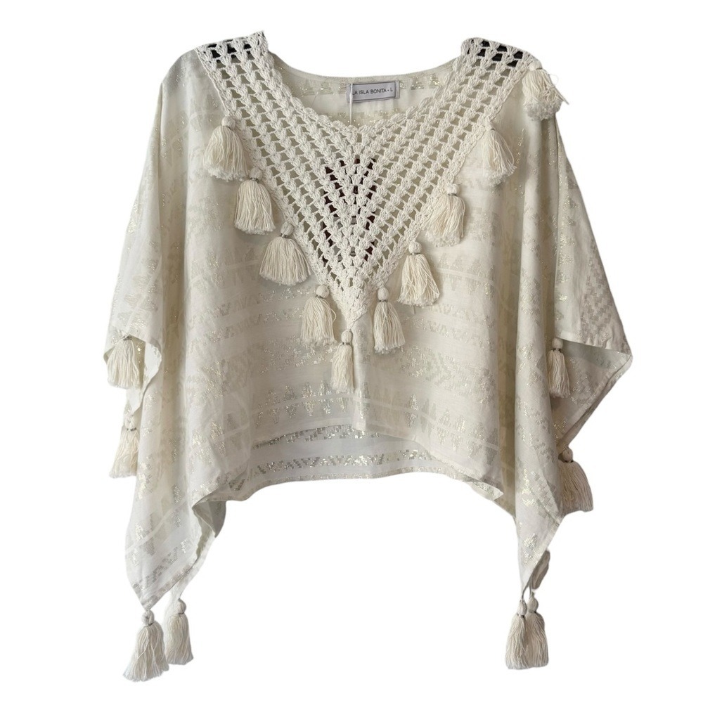 La Islas Bonita Off White with‎ Silver Stitching Crochet Tassel Poncho Blouse